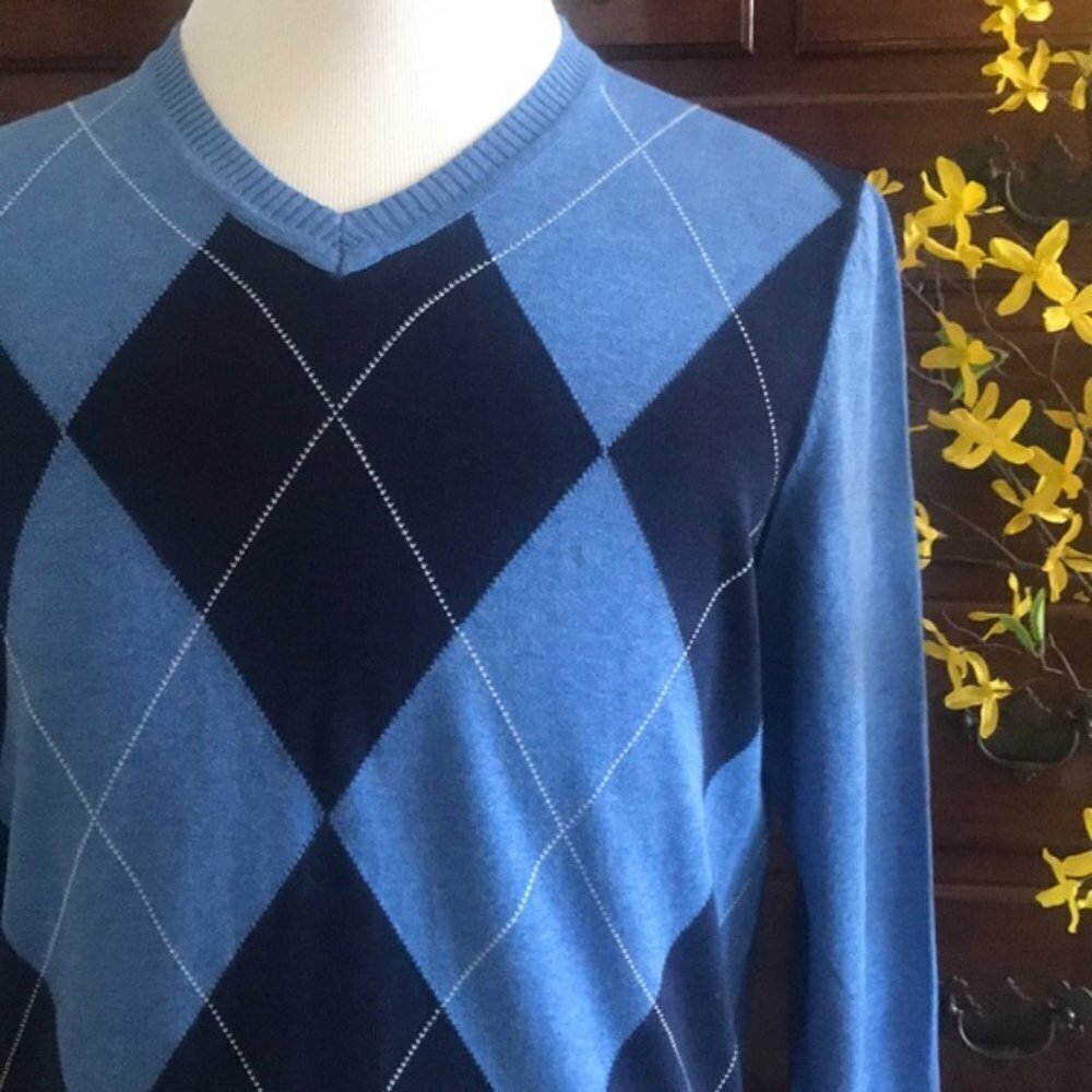 Club Room Argyle Cotton Sweater Blue Size Large
